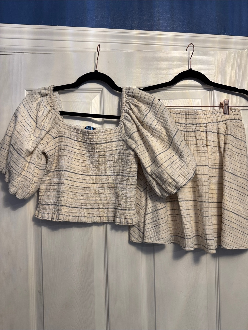 1. State Ivory Striped Smocked Puff-Sleeve Crop Top & Skirt - Sold as Set